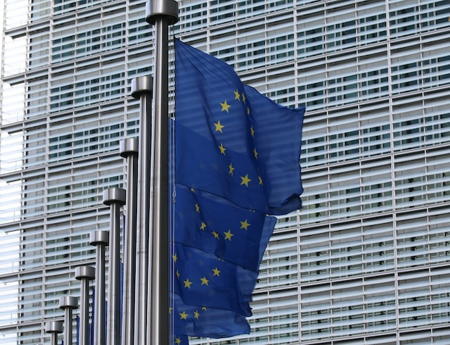 EU flags at the European Commission Berlaymont building, Brussels, Belgium