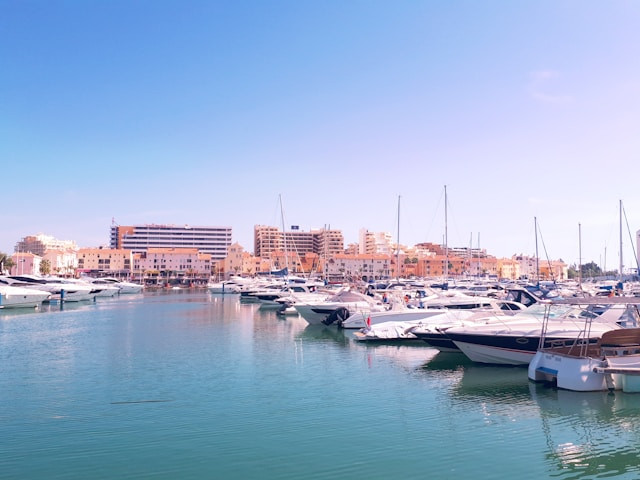 Boats docked in harbour, Vilamoura, Quarteira, Portugal